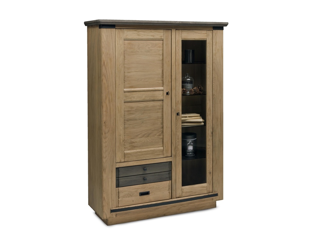Vitrine 1 porte vitrée 1 bois 2 tiroirs Magellan